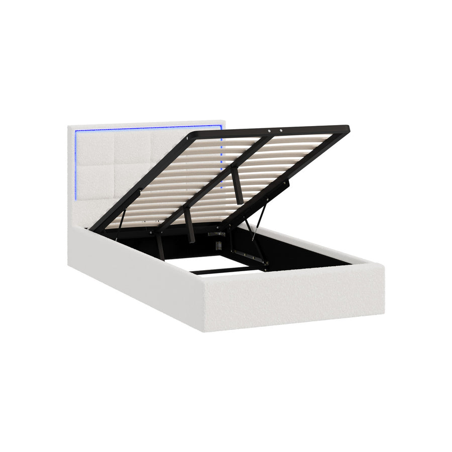 Oikiture Bed Frame King Single RGB LED Gas Lift Storage Base White Boucle