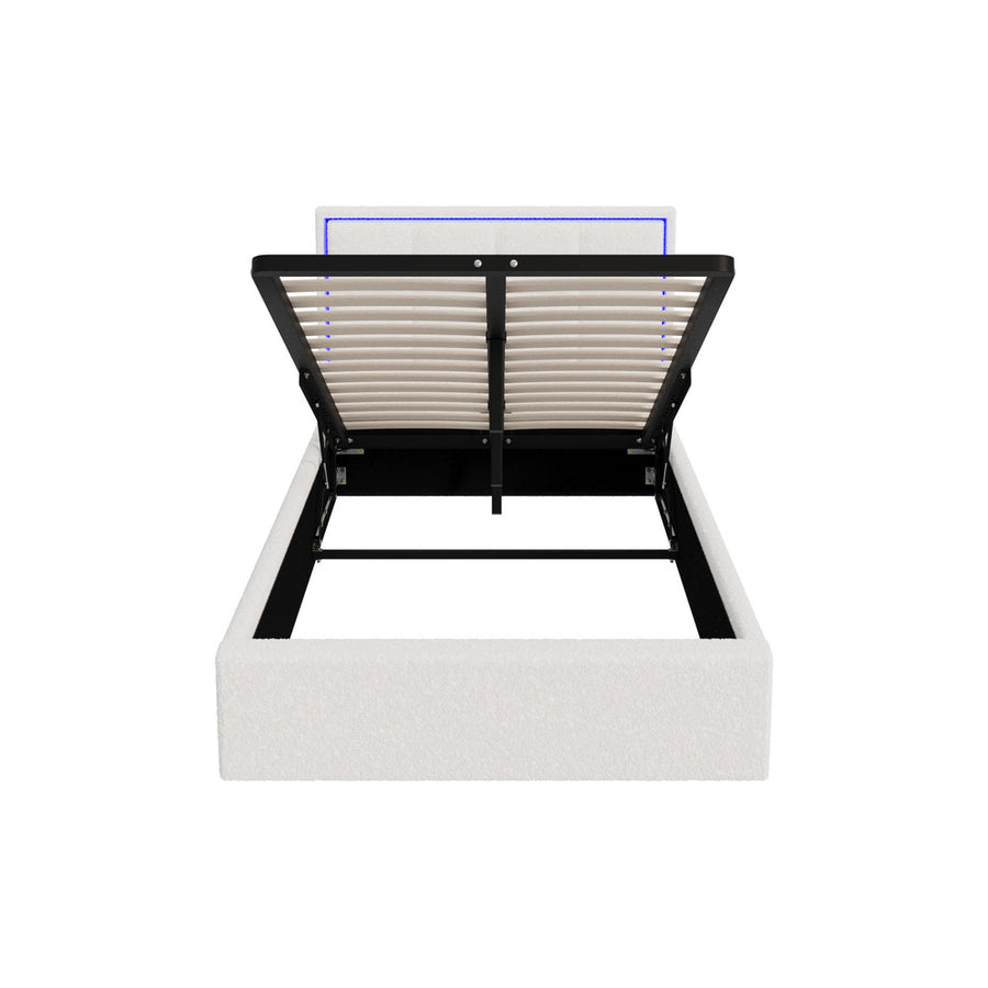 Oikiture Bed Frame King Single RGB LED Gas Lift Storage Base White Boucle