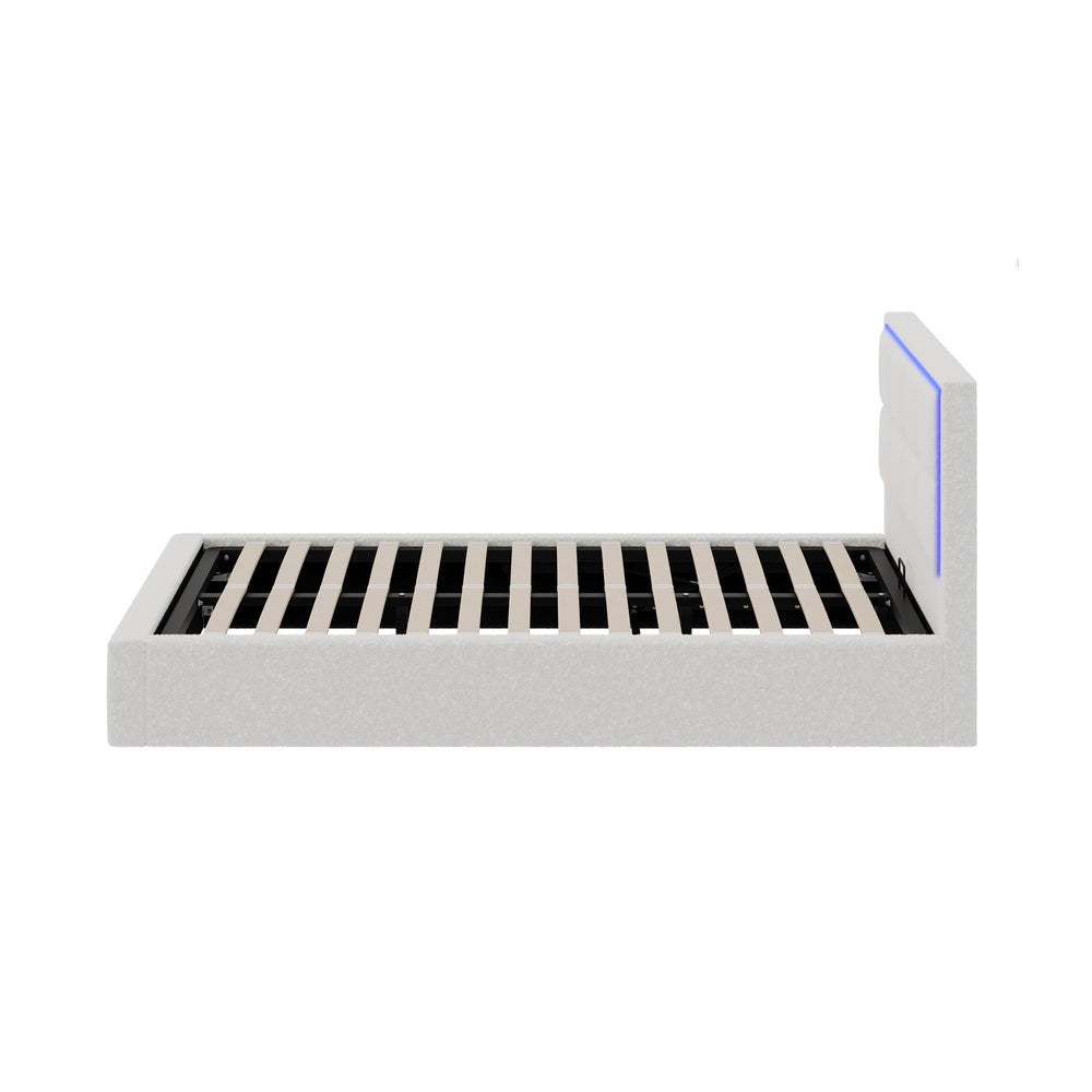 Oikiture Bed Frame King Single RGB LED Gas Lift Storage Base White Boucle