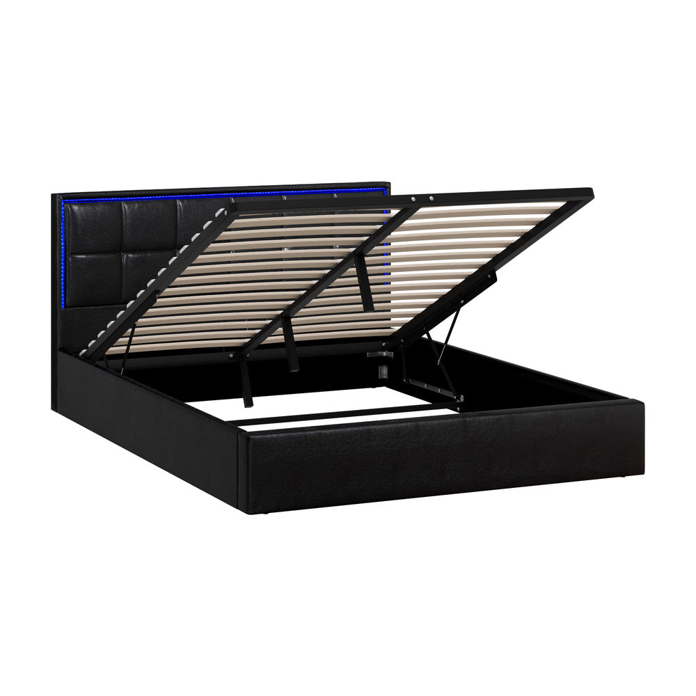 Oikiture Bed Frame Queen Size RGB LED Gas Lift Storage Base Leather