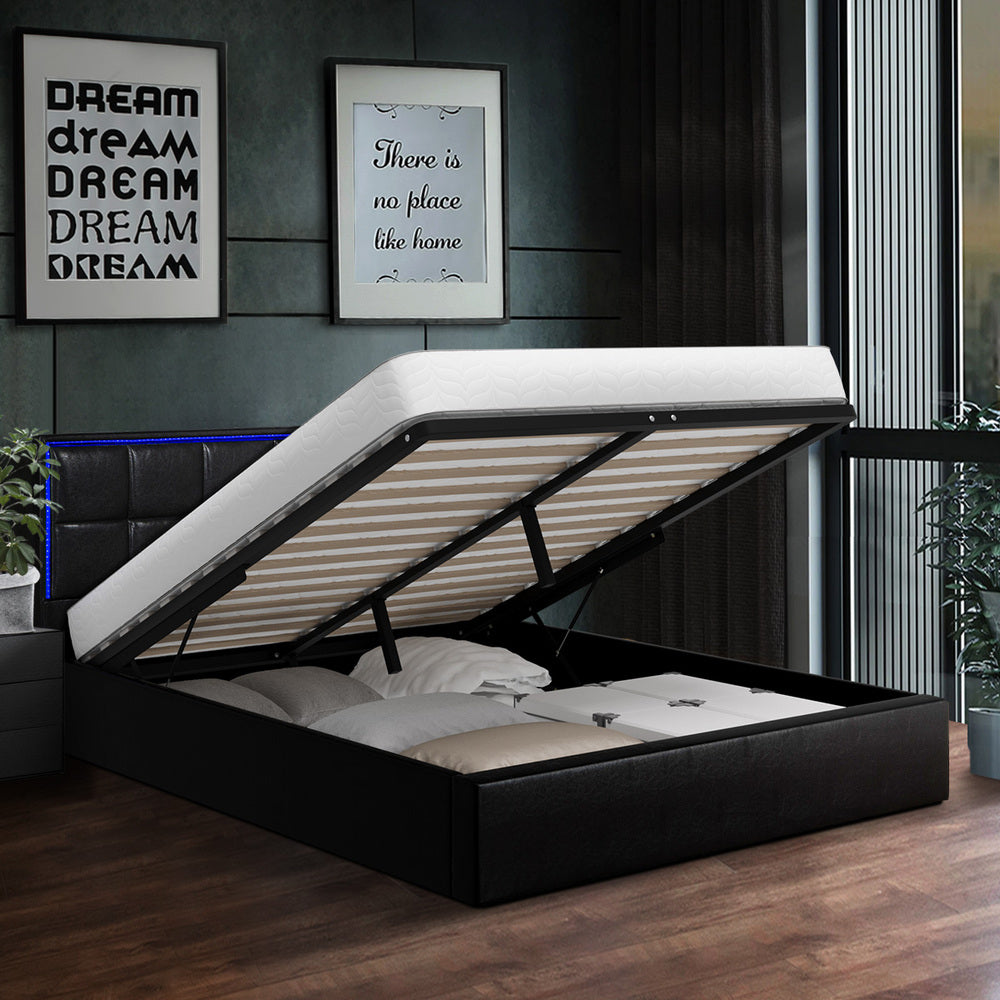 Oikiture Bed Frame Queen Size RGB LED Gas Lift Storage Base Leather