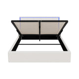 Oikiture Bed Frame Queen Size RGB LED Gas Lift Storage Base White Boucle