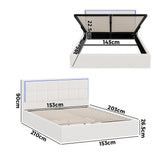 Oikiture Bed Frame Queen Size RGB LED Gas Lift Storage Base White Boucle - Rear View