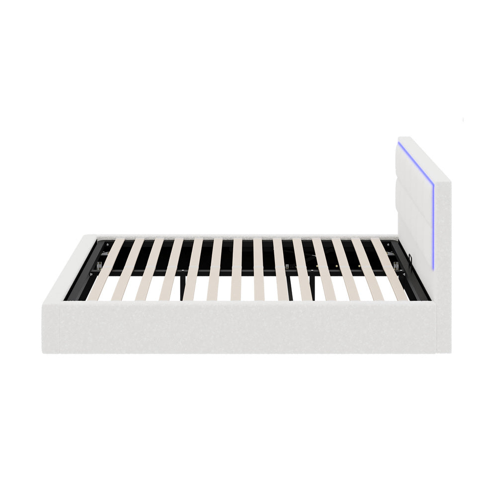 Oikiture Bed Frame Queen Size RGB LED Gas Lift Storage Base White Boucle