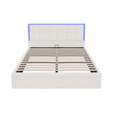 Oikiture Bed Frame Queen Size RGB LED Gas Lift Storage Base White Boucle - Side View