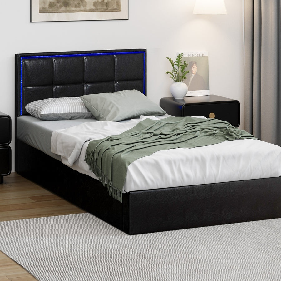 Oikiture Bed Frame Single Size RGB LED Gas Lift Storage Base Leather