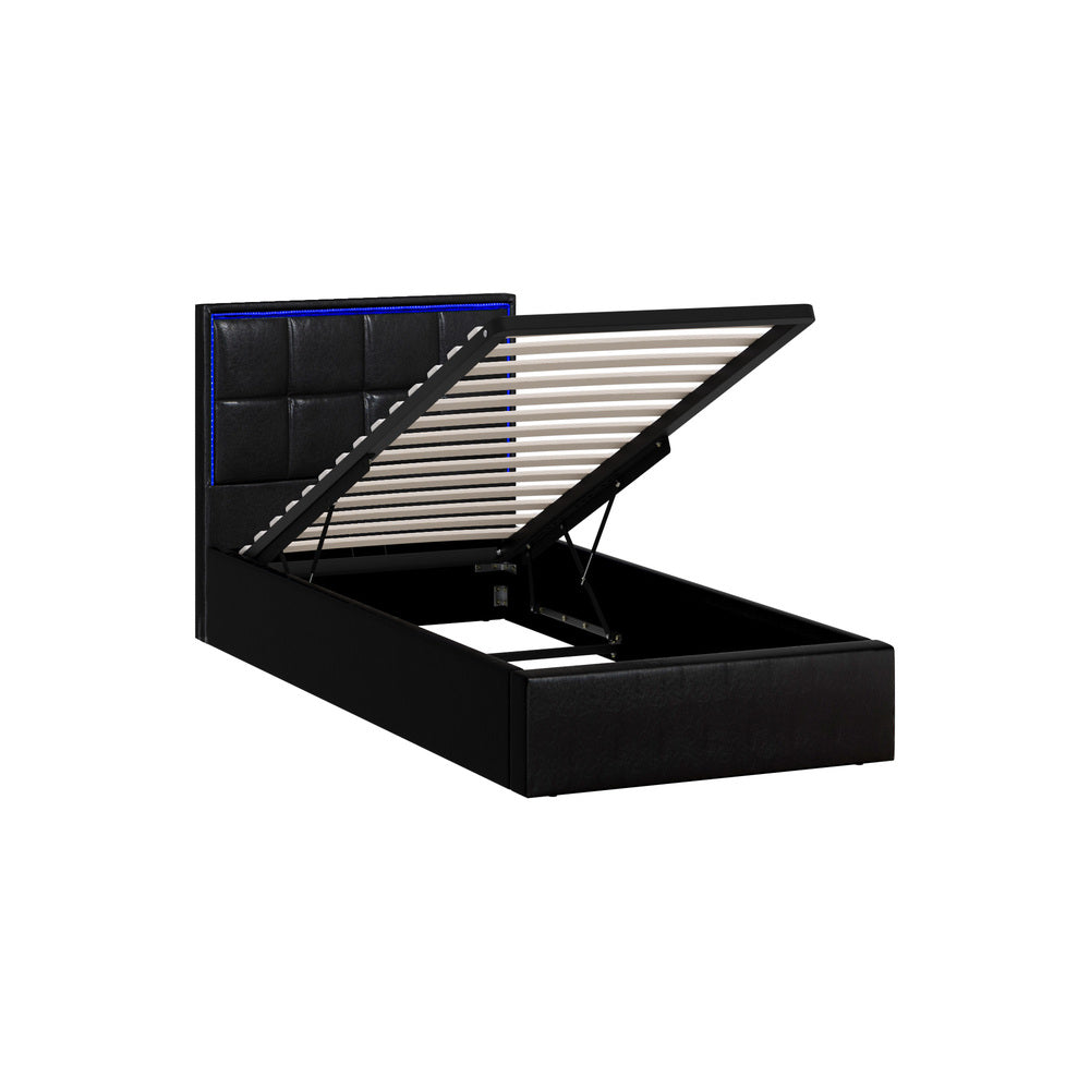 Oikiture Bed Frame Single Size RGB LED Gas Lift Storage Base Leather