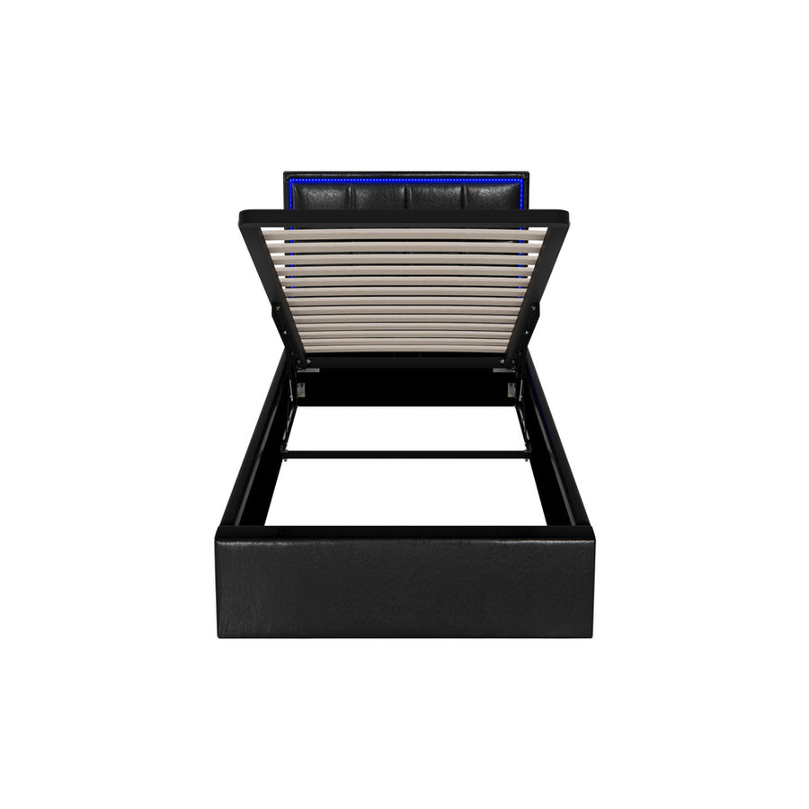 Oikiture Bed Frame Single Size RGB LED Gas Lift Storage Base Leather