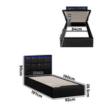 Oikiture Bed Frame Single Size RGB LED Gas Lift Storage Base Leather