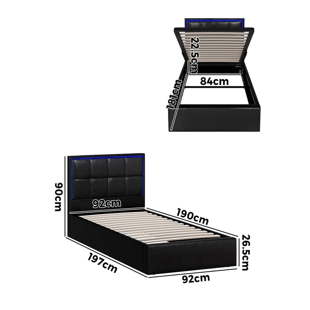 Oikiture Bed Frame Single Size RGB LED Gas Lift Storage Base Leather