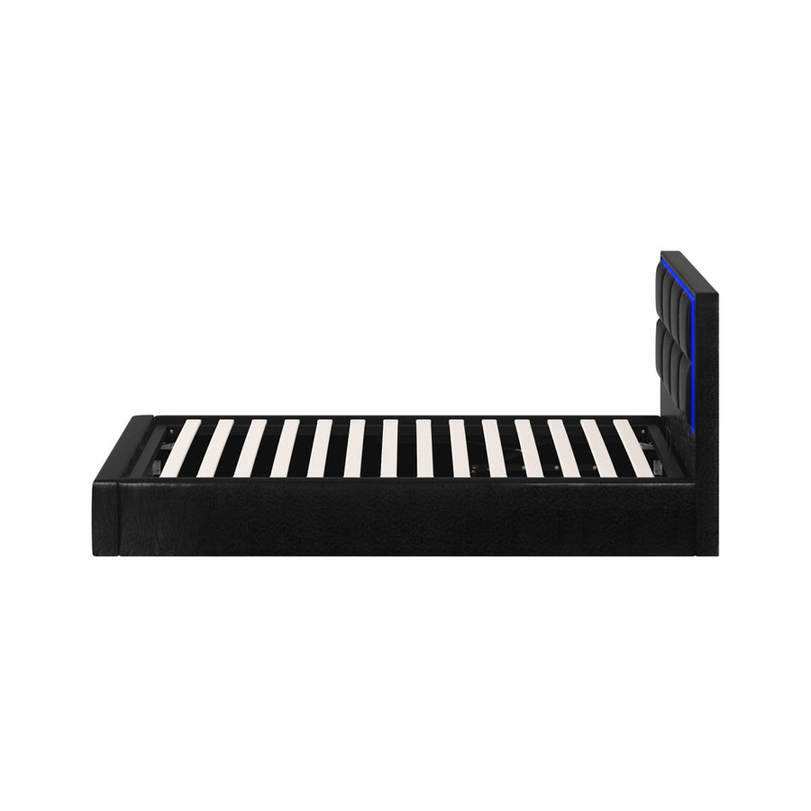 Oikiture Bed Frame Single Size RGB LED Gas Lift Storage Base Leather
