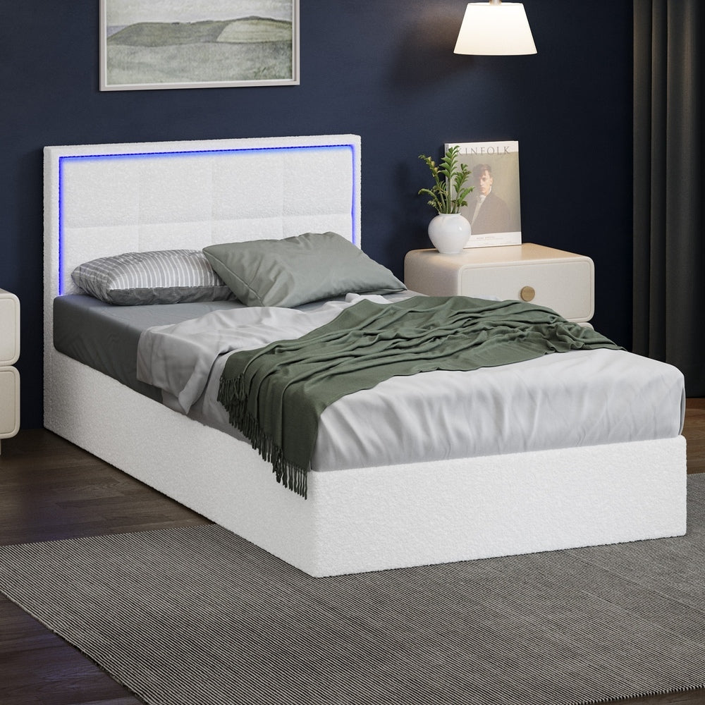 Oikiture Bed Frame Single Size RGB LED Gas Lift Storage Base White Boucle