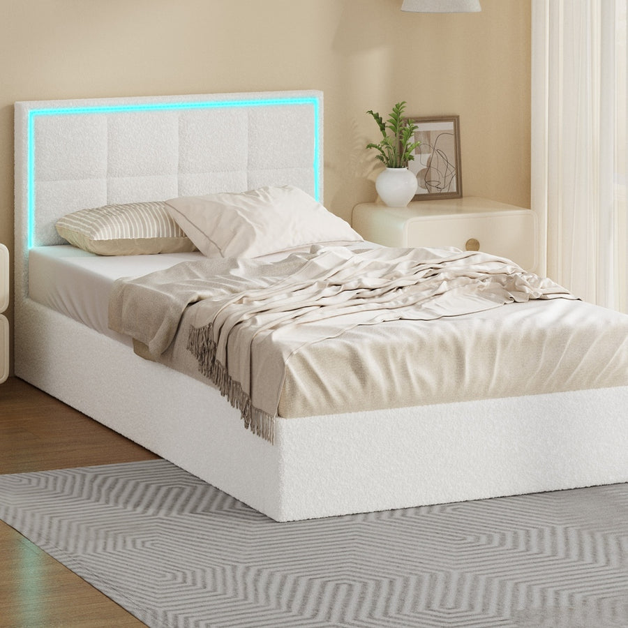 Oikiture Bed Frame Single RGB LED Gas Lift Storage White Boucle
