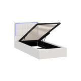 Oikiture Bed Frame Single Size RGB LED Gas Lift Storage Base White Boucle