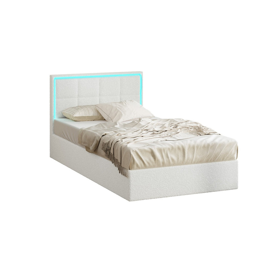 Oikiture Bed Frame Single RGB LED Gas Lift Storage White Boucle