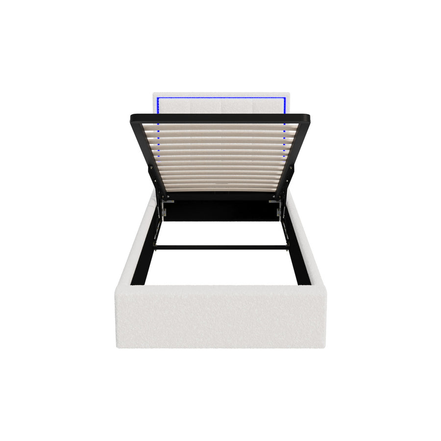 Oikiture Bed Frame Single RGB LED Gas Lift Storage White Boucle