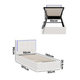 Oikiture Bed Frame Single Size RGB LED Gas Lift Storage Base White Boucle - Low Angle