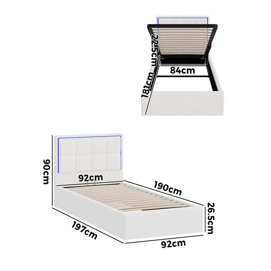 Oikiture Bed Frame Single RGB LED Gas Lift Storage White Boucle