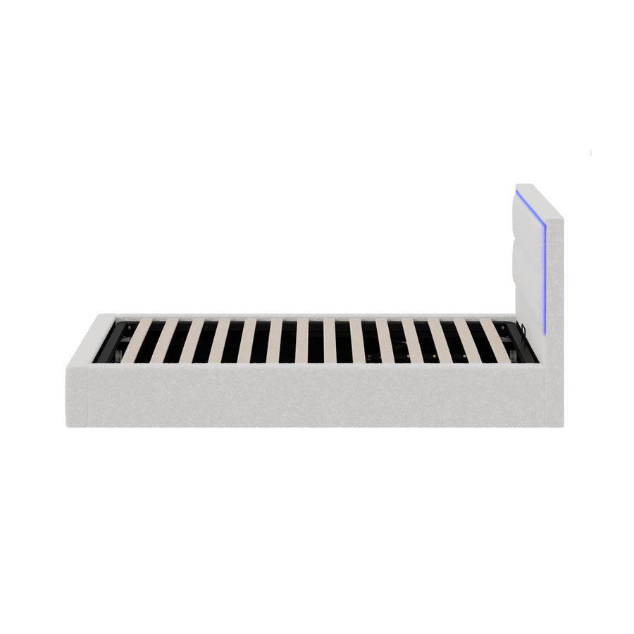 Oikiture Bed Frame Single RGB LED Gas Lift Storage White Boucle