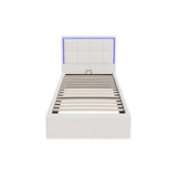 Oikiture Bed Frame Single Size RGB LED Gas Lift Storage Base White Boucle