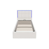 Oikiture Bed Frame Single Size RGB LED Gas Lift Storage Base White Boucle - Front View