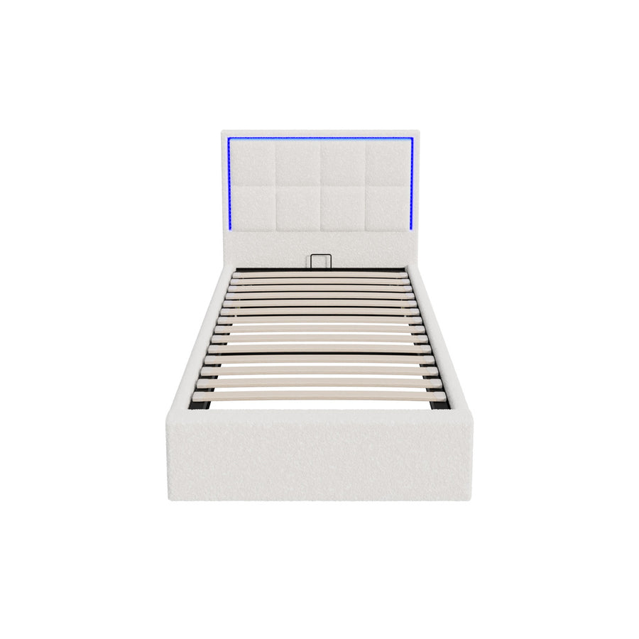 Oikiture Bed Frame Single RGB LED Gas Lift Storage White Boucle