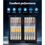 Devanti 198L Bar Fridge Dual Glass Door w/Light Black - 45-Degree Angle