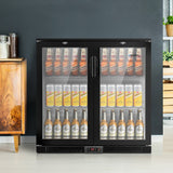 Devanti 198L Bar Fridge Dual Glass Door w/Light Black - Low Angle