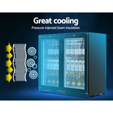 Devanti 198L Bar Fridge Dual Glass Door w/Light Black - Side View