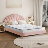 Oikiture Bed Frame with Mattress Double Size Pink Velvet - Front View