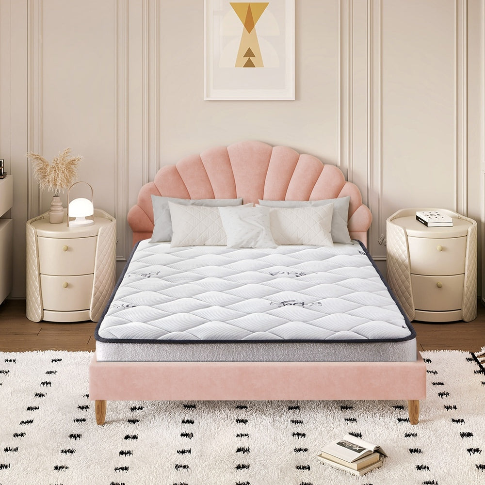 Oikiture Bed Frame with Mattress Double Size Pink Velvet