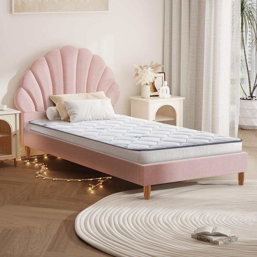Oikiture Bed Frame with Mattress Single Size Pink Velvet, image 9