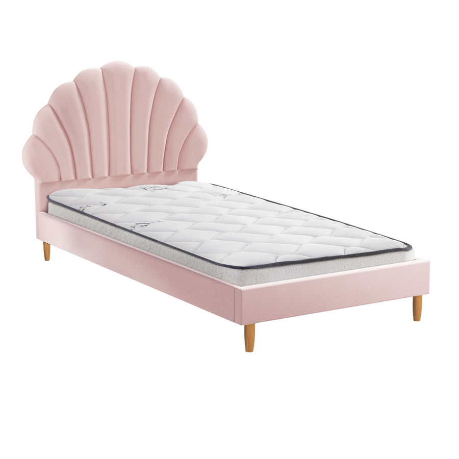Oikiture Bed Frame with Mattress Single Size Pink Velvet, image 4