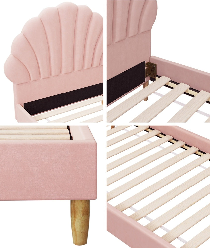 Oikiture Bed Frame with Mattress Single Size Pink Velvet