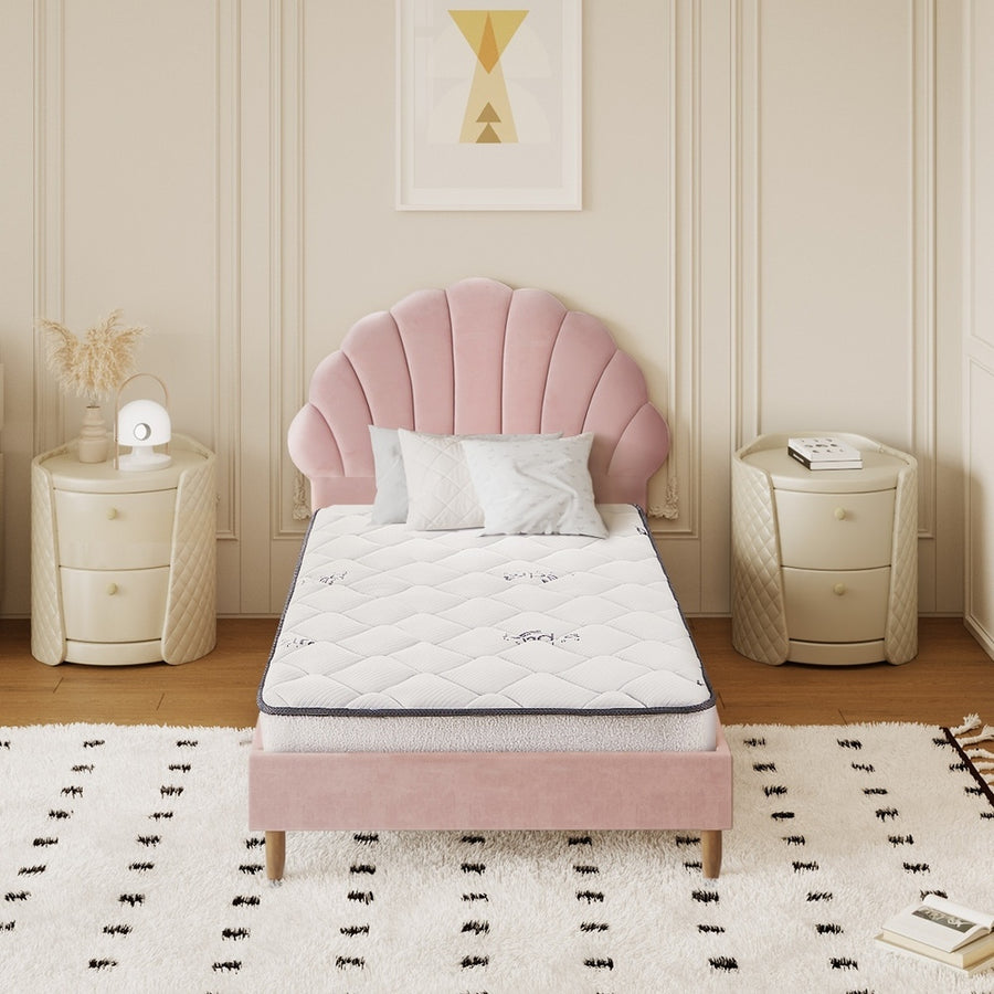 Oikiture Bed Frame with Mattress Single Size Pink Velvet, image 7