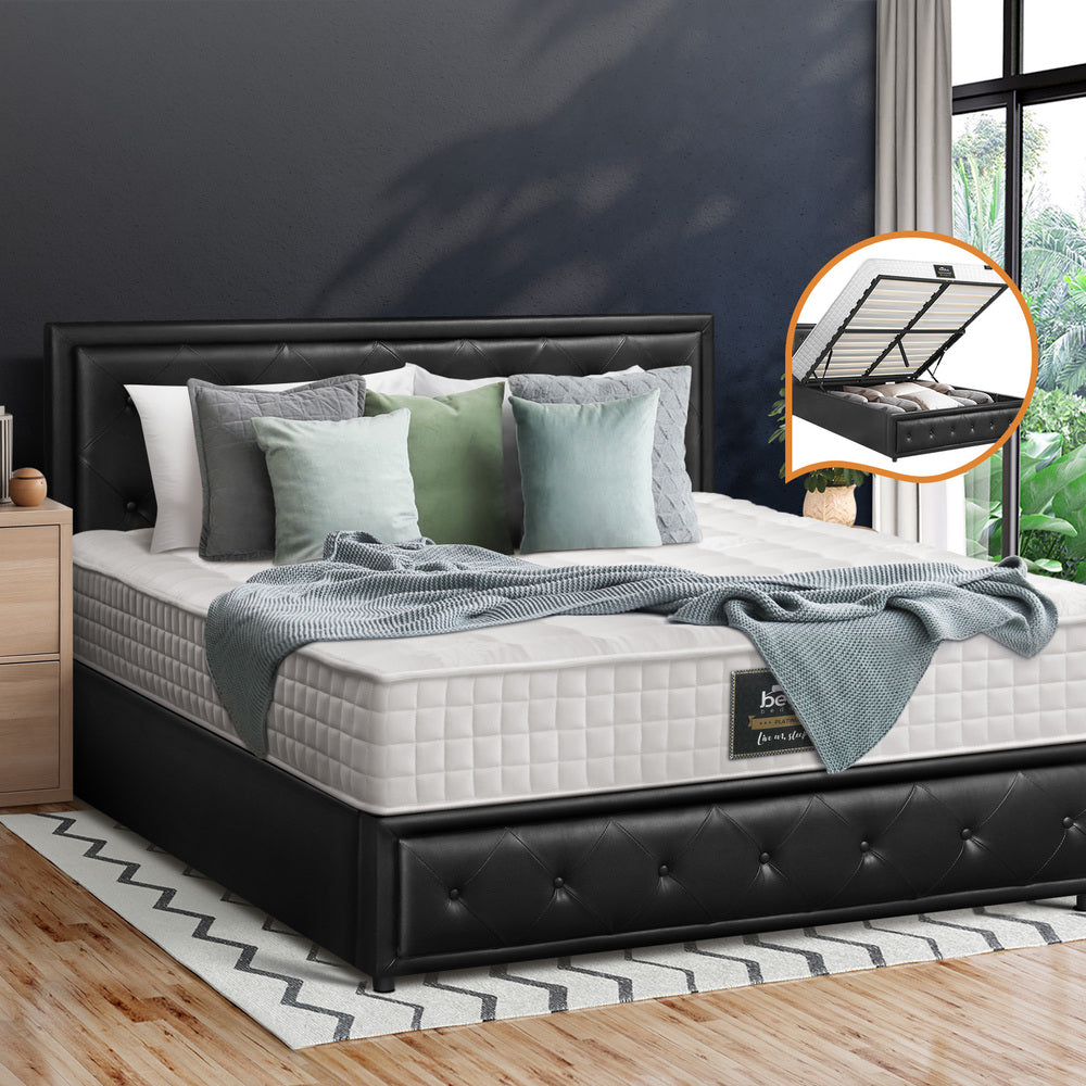 Oikiture Bed Frame with Mattress Double Size Gas Lift Black Leather
