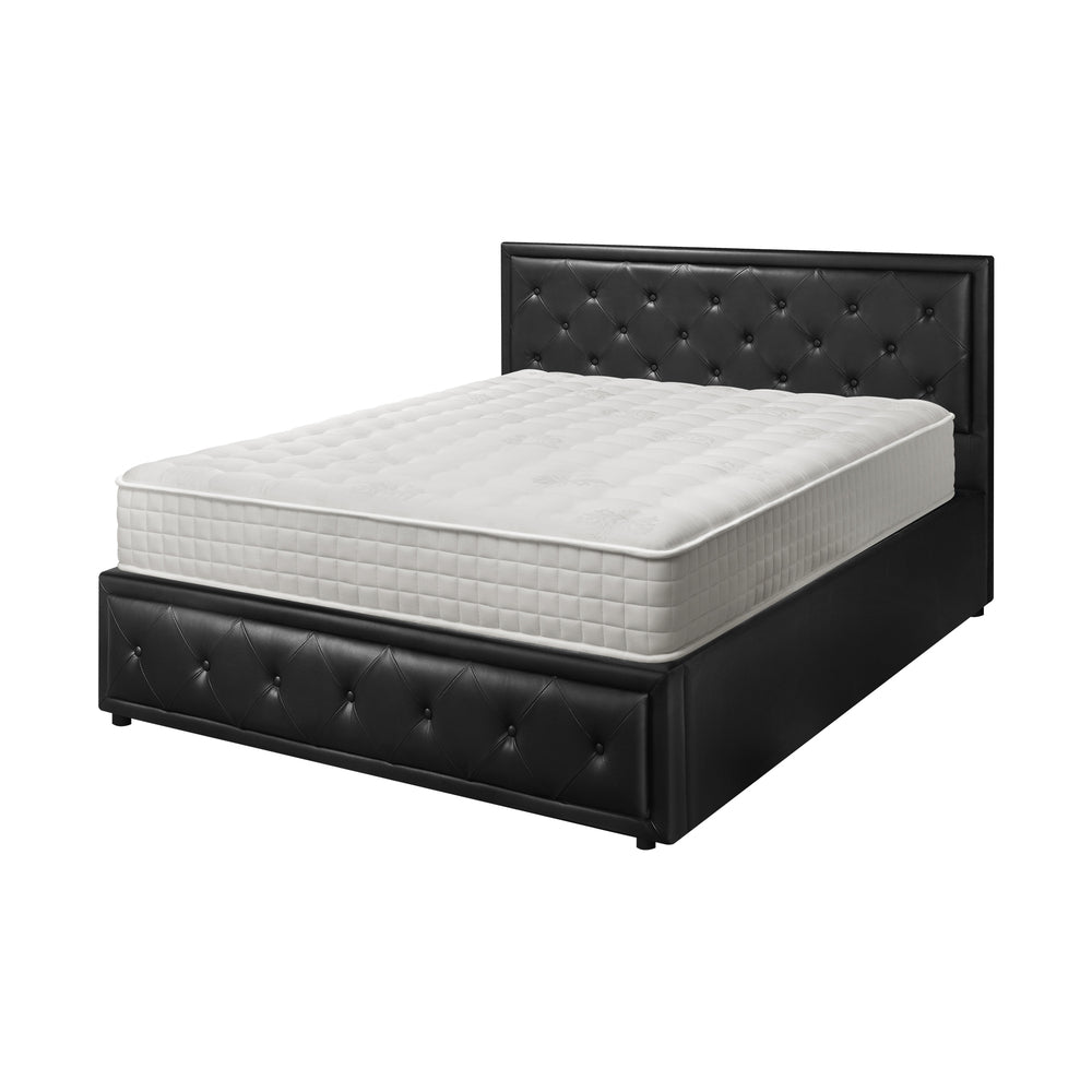 Oikiture Bed Frame with Mattress Double Size Gas Lift Black Leather