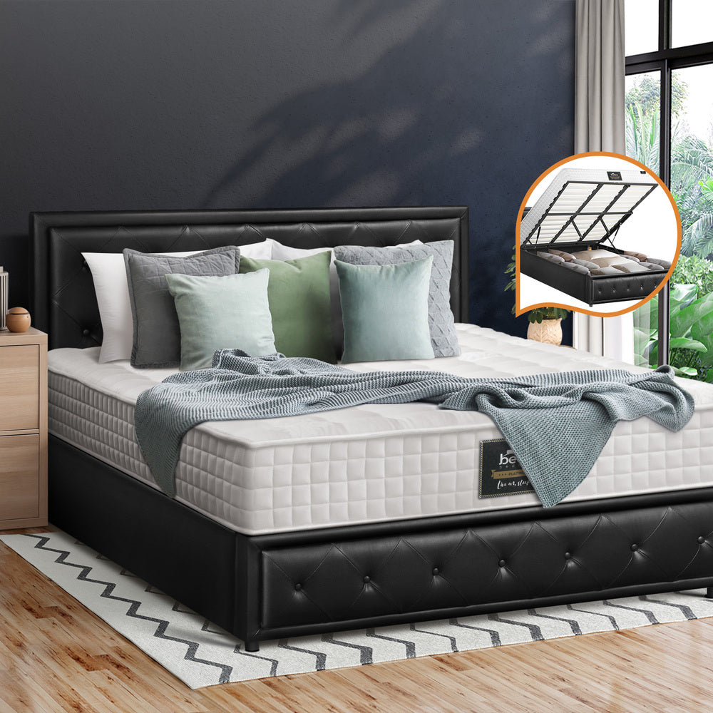 Oikiture Bed Frame with Mattress King Size Gas Lift Black Leather
