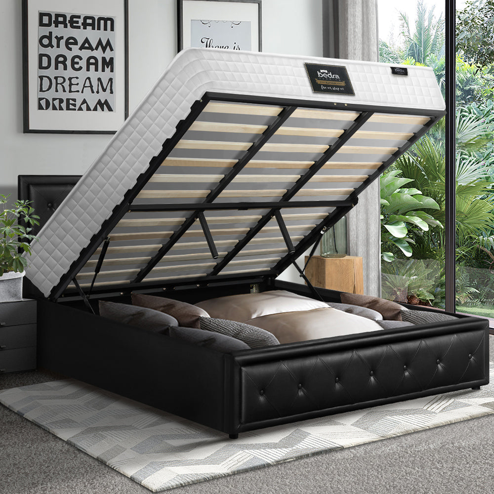 Oikiture Bed Frame with Mattress King Size Gas Lift Black Leather