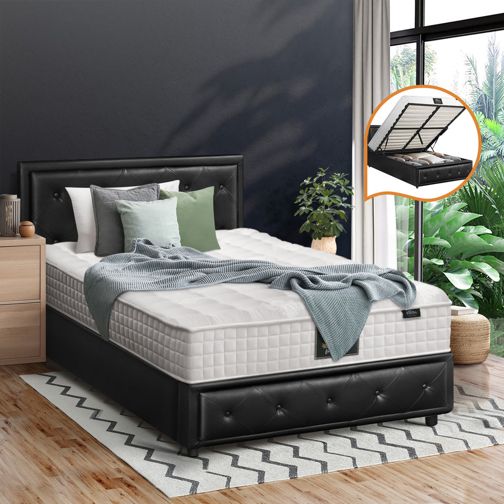 Oikiture Bed Frame with Mattress King Single Gas Lift Black Leather