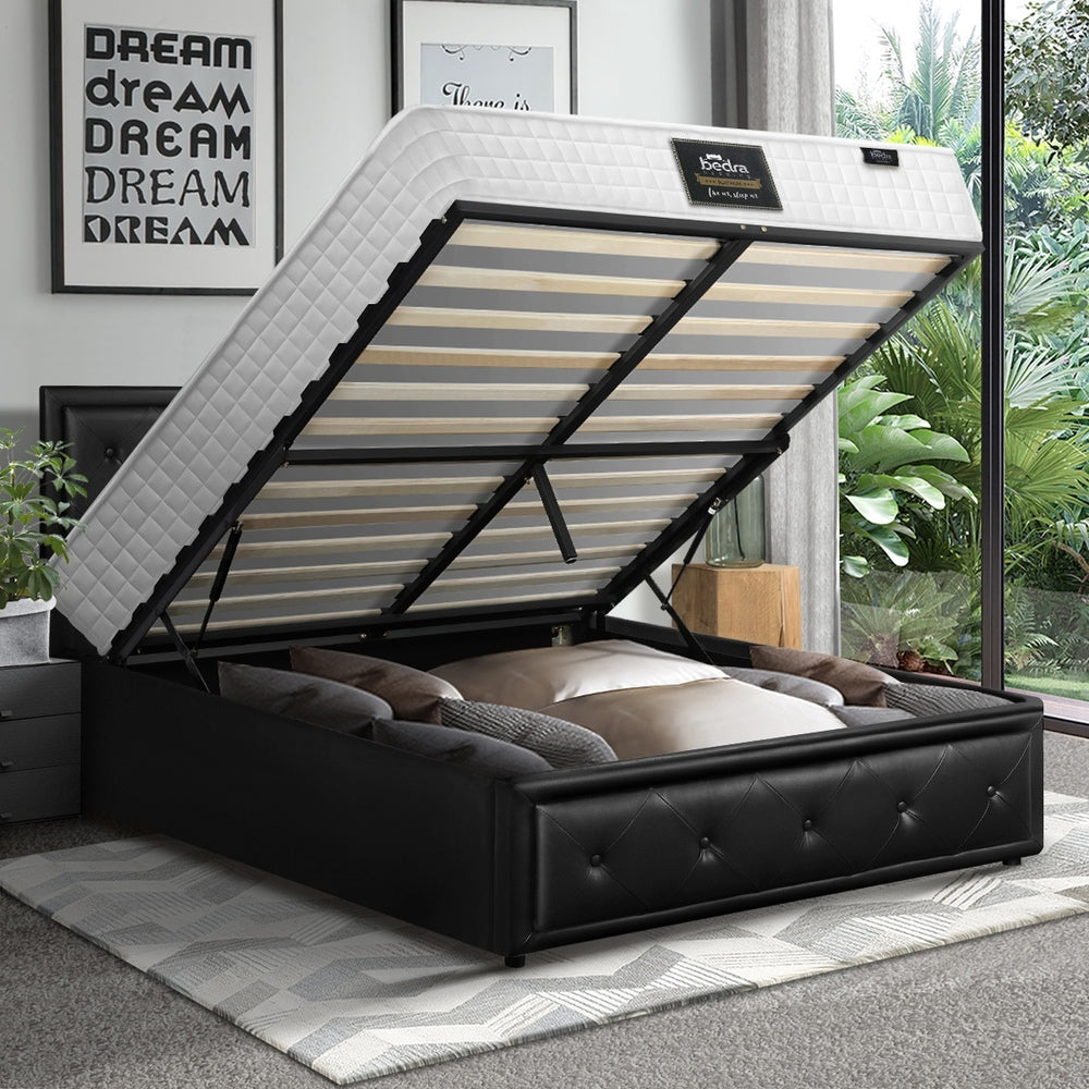 Oikiture Bed Frame with Mattress King Single Gas Lift Black Leather