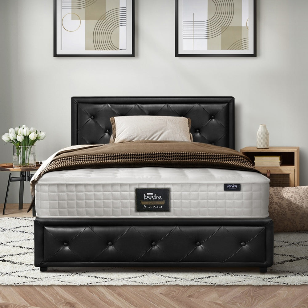 Oikiture Bed Frame with Mattress King Single Gas Lift Black Leather