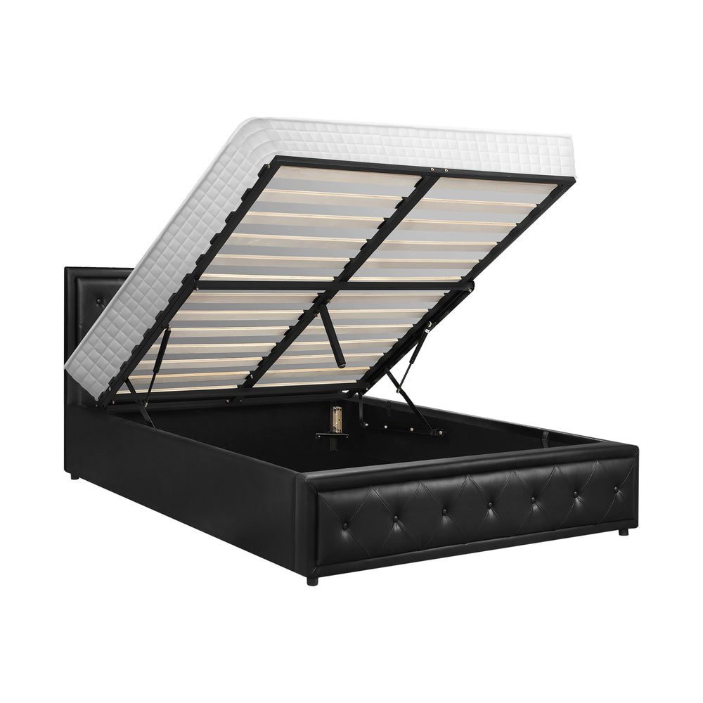 Oikiture Bed Frame with Mattress Queen Size Gas Lift Black Leather
