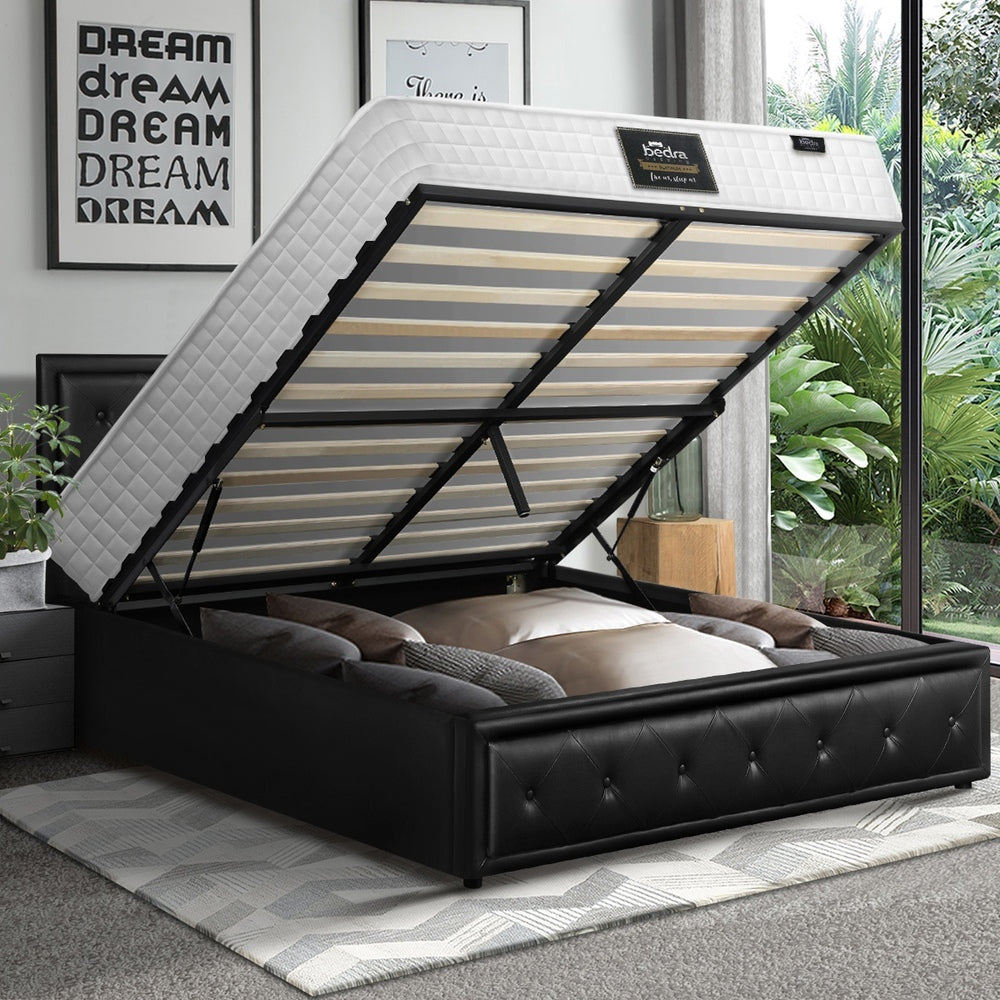 Oikiture Bed Frame with Mattress Queen Size Gas Lift Black Leather