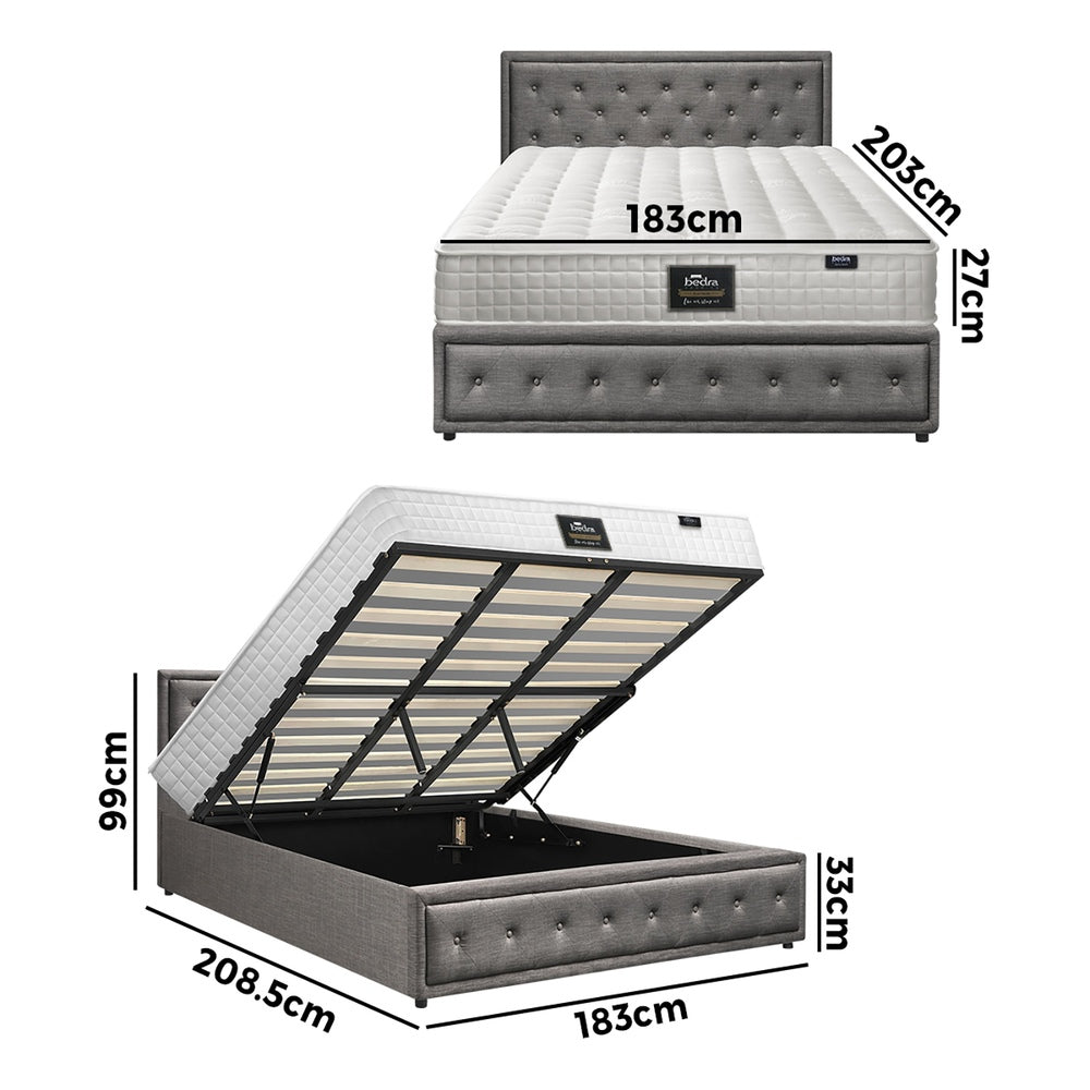Oikiture Bed Frame with Mattress King Size Gas Lift Grey Fabric