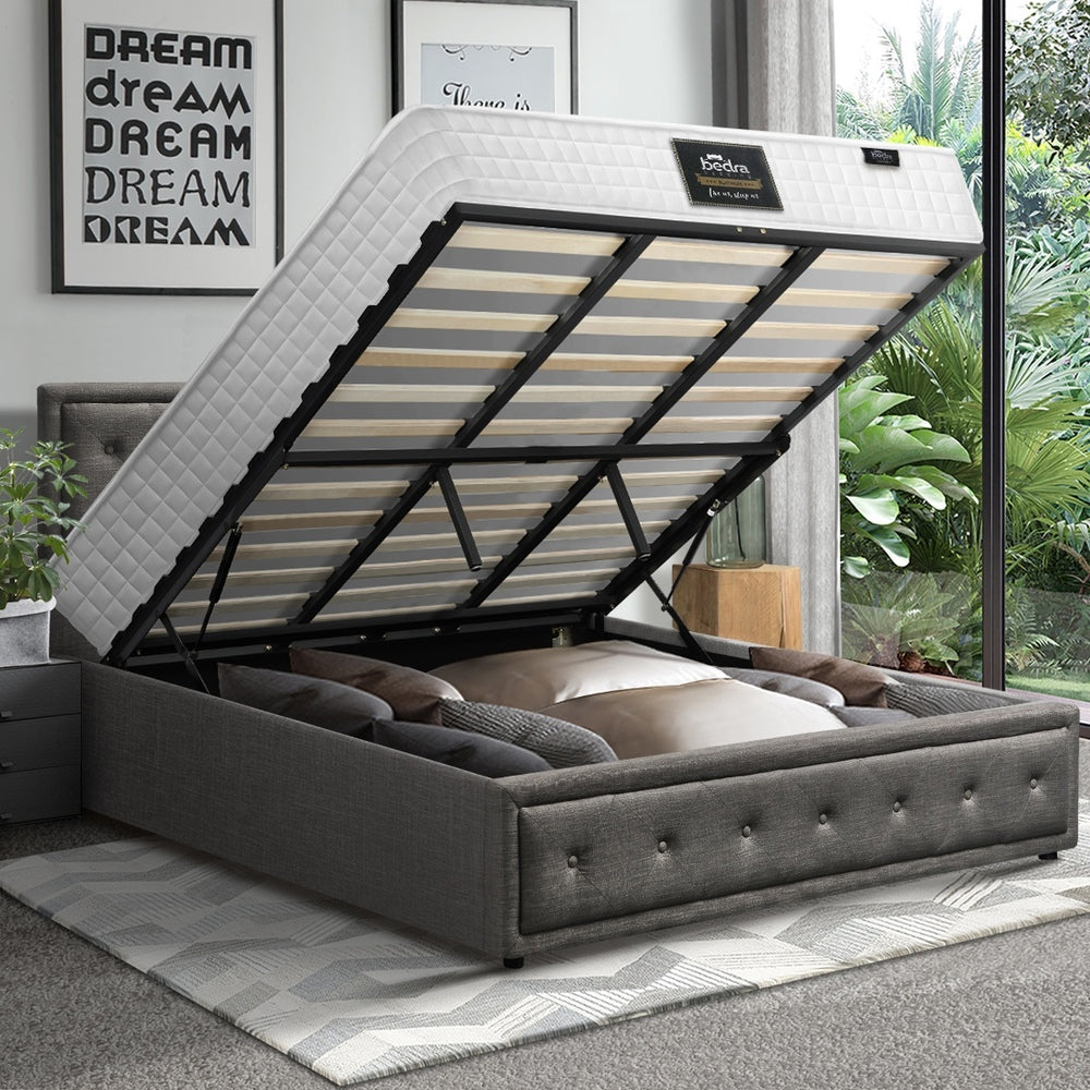 Oikiture Bed Frame with Mattress King Size Gas Lift Grey Fabric