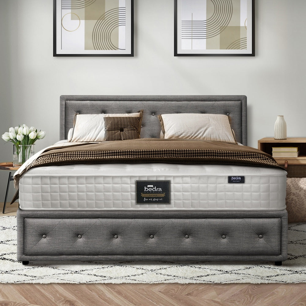 Oikiture Bed Frame with Mattress King Size Gas Lift Grey Fabric