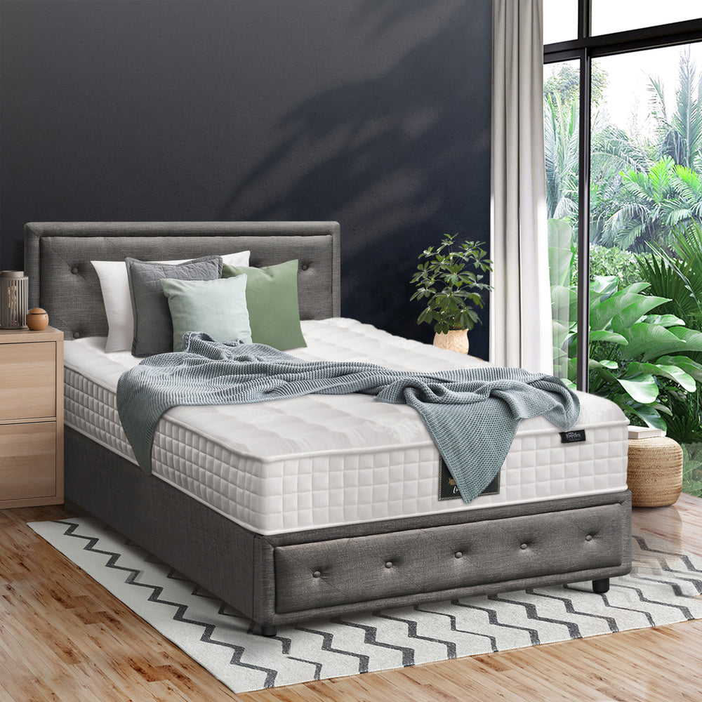 Oikiture Bed Frame with Mattress King Single Gas Lift Grey Fabric