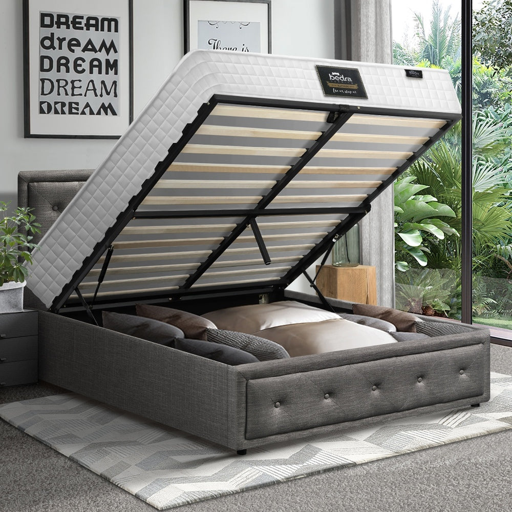 Oikiture Bed Frame with Mattress King Single Gas Lift Grey Fabric