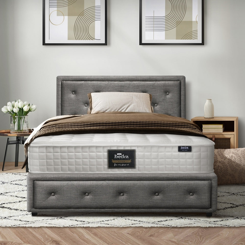 Oikiture Bed Frame with Mattress King Single Gas Lift Grey Fabric